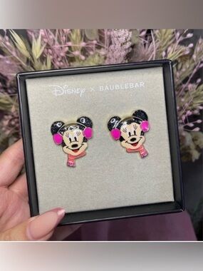 NEW IN BOX Disney x Baublebar pink earmuff Minnie Mouse sparkly winter earrings